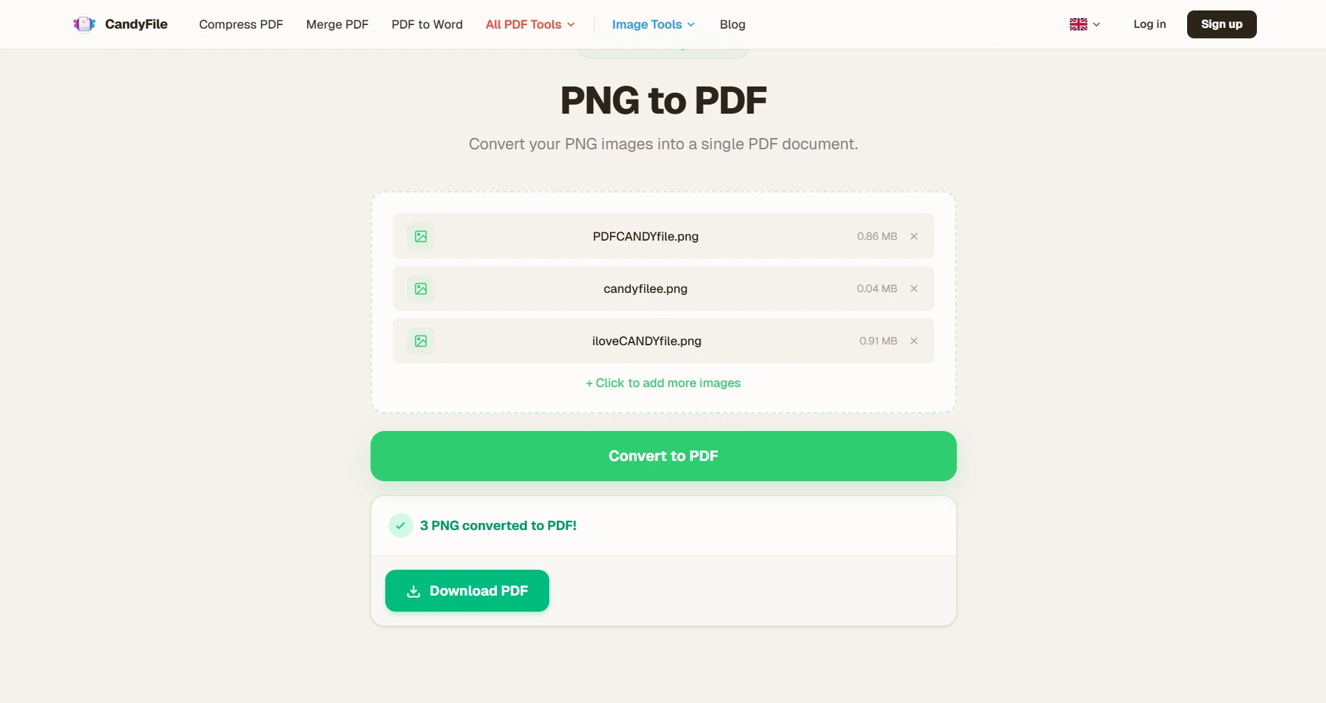 Più file PNG caricati e uniti in un unico PDF