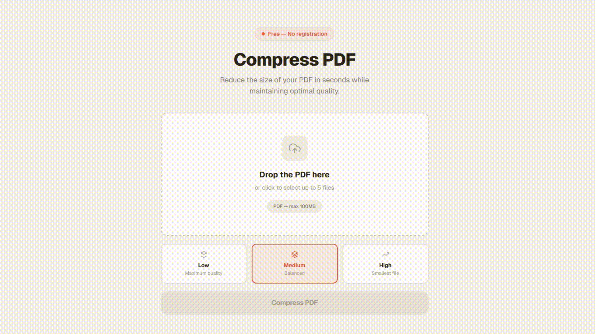 Comprimere un PDF online — carica, scegli il livello, scarica
